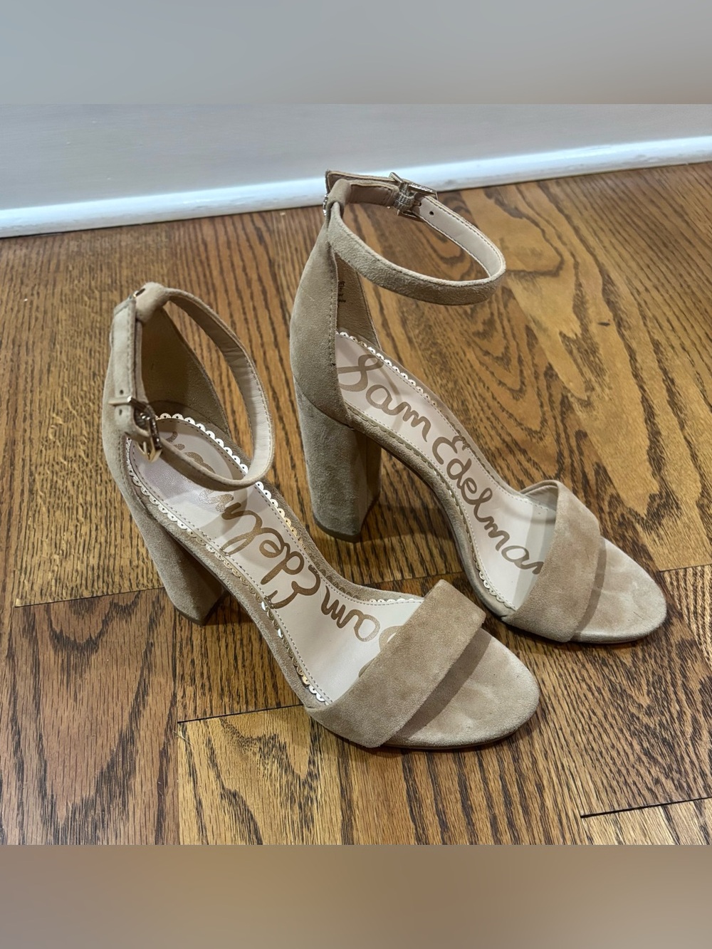 Sam Edelman Yaro Taupe Suede Block Heel Ankle Strap Sandals Size 5.5